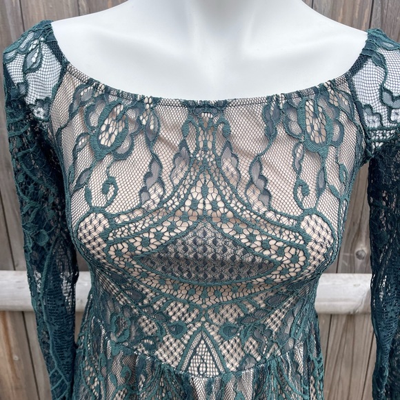 Love Fire Green Lace Long Sleeve Dress with Nude Underlay - Picture 5 of 8